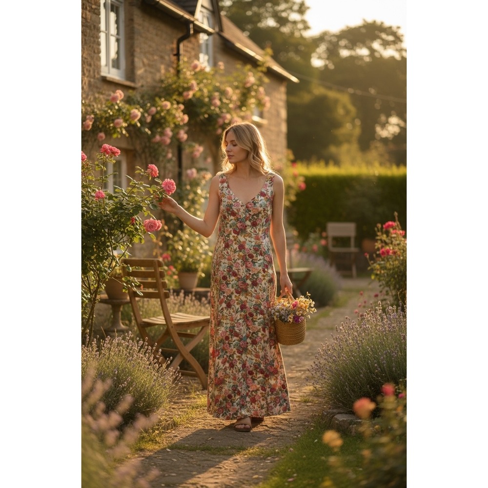 Vintage Ultimate Floral Maxi Dress 7 Button Front Rayon 90s Boho Cottagecore